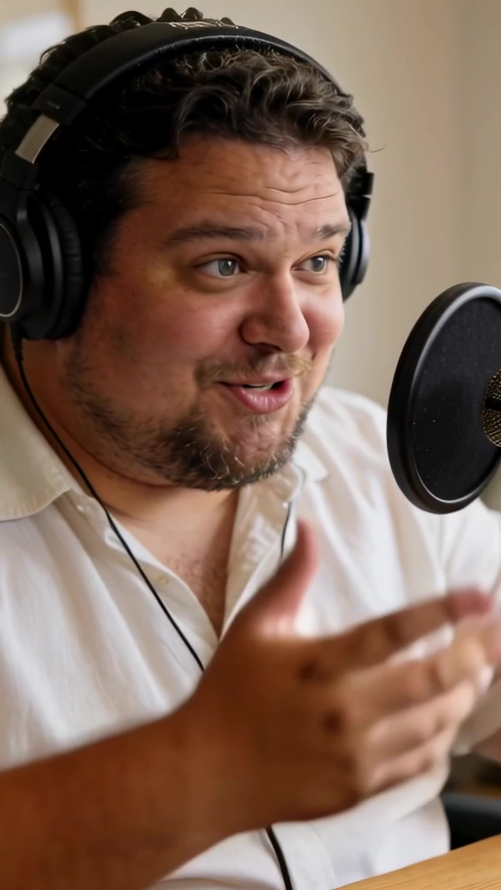 Vertikal video: Optager vært der taler og gestikulerer derhjemme, hvid skjorte, hovedtelefoner, mikrofon til podcast
