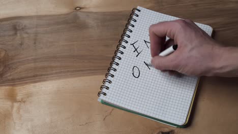 mano derecha con marcador escribe el final del texto de covid19 en un cuaderno sobre la mesa - tiro de ángulo alto