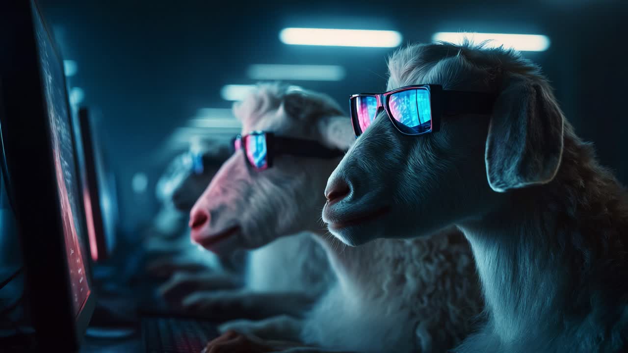 A Bizarre Scene Unfolds as a Group of Goats, Sporting Cool Sunglasses, Engages with Computers in a Dimly Lit Space, Blending Technology with Unexpected Farmyard Humor