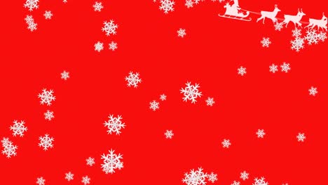 Snowflakes-falling-over-santa-claus-in-sleigh-being-pulled-by-reindeers-against-red-background