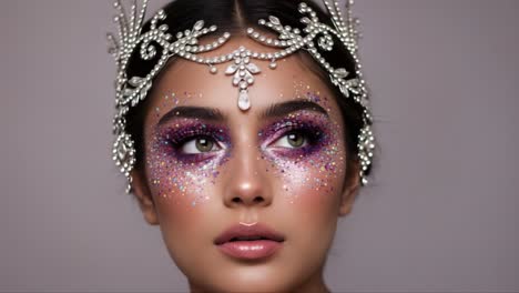 a glamorous portrait featuring stunning glitter makeup and elegant headpiece, showcasing an alluring expression and creative beauty in every detail