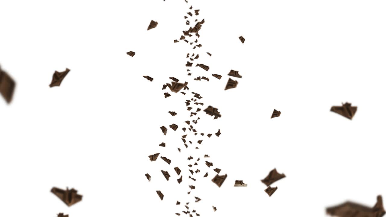 Flying many chocolate pieces on black background. Foods and sweets. Milk and dark. 3D loop animation of chocolate rotating.