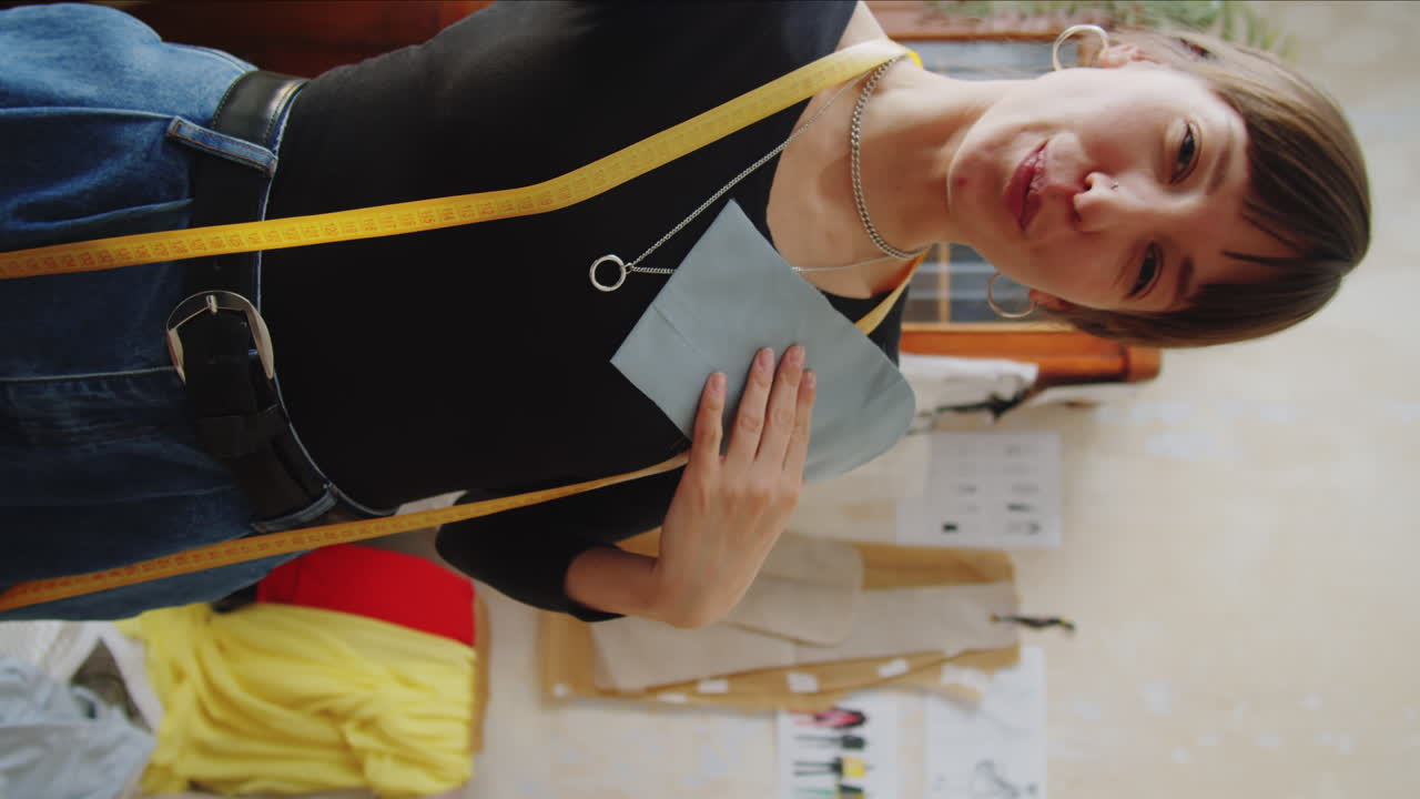 modista filmando un vlog sobre la tela en el estudio de costura