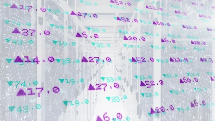 On start, camera gliding through server aisle, floating metrics drifting, visualizing data flow