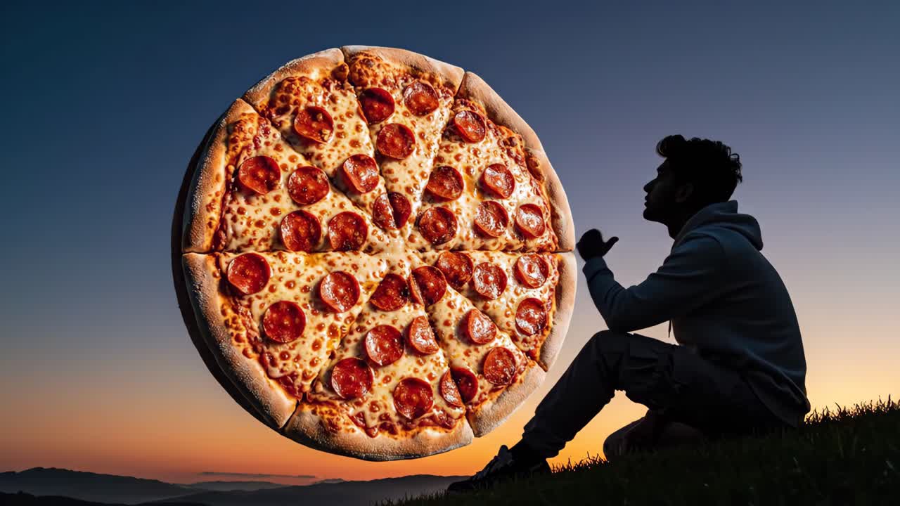 Man contemplating a giant pepperoni pizza at sunset