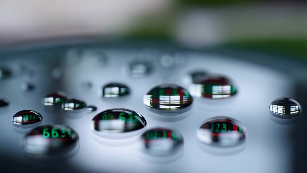 Close-up shot of water droplets on a metallic surface observed in a scientific research setting, taken from above the surface. The scene is neutral and scientific in nature, providing a key.
