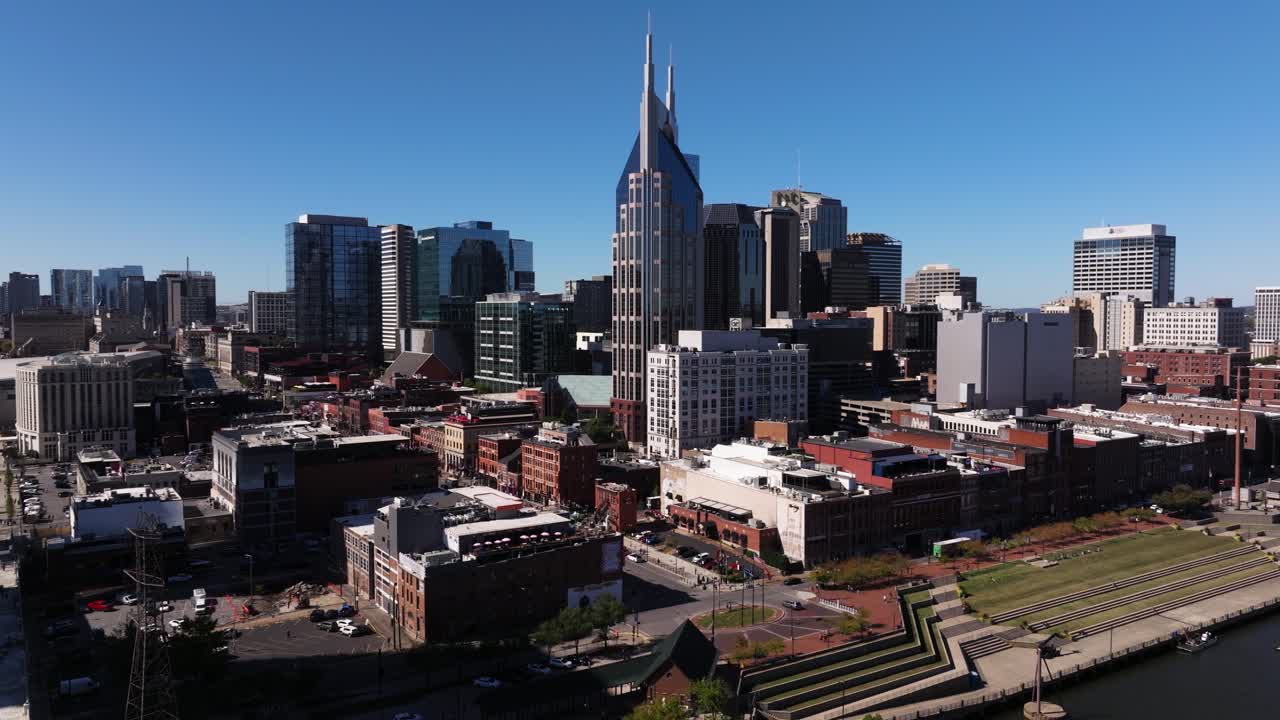 Amazing Aerial View Above Lower Broadway in Downtown Nashville. Famous Entertainment District