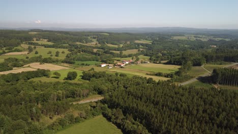 paisaje de árboles de bosque verde con un pequeño pueblo en un campo remoto