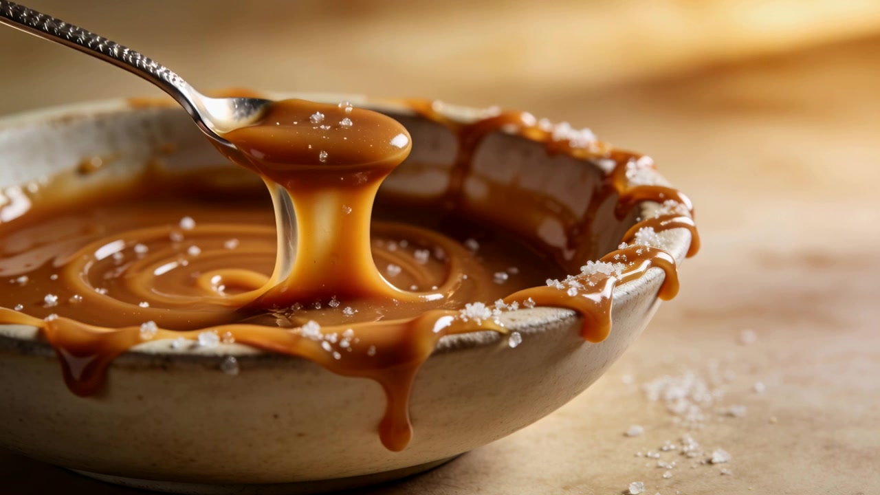 Cucchiaio che scende gocciolando, mescolando e tirando il caramello in una ciotola di ceramica su un tavolo di legno con sale per l'inquadratura