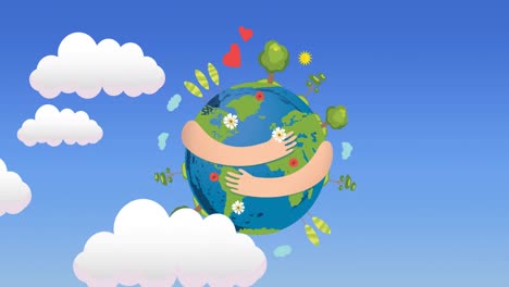Animation-of-arms-hugging-globe-with-plants,-on-blue-sky-with-clouds