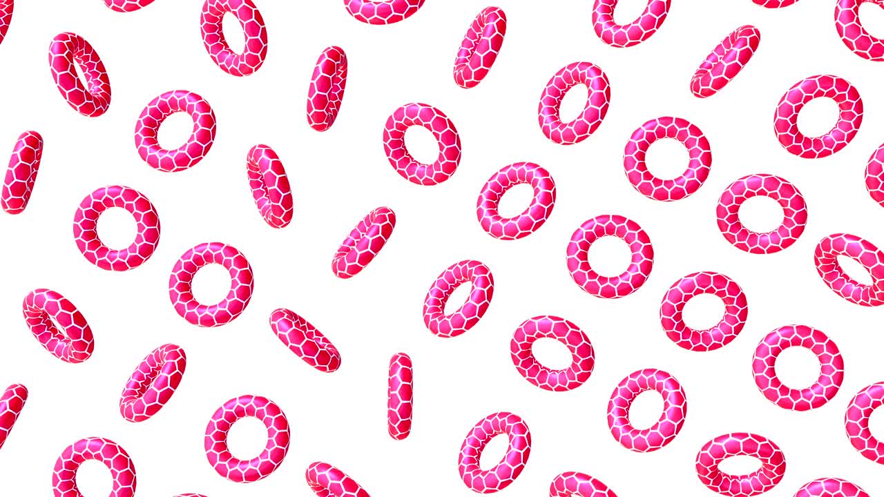 fondo abstractamente colorido con rosquillas geométricas simples voladoras o flotantes. animación 3d decorativa multicolor con bucle. brillante composición de movimiento moderno.