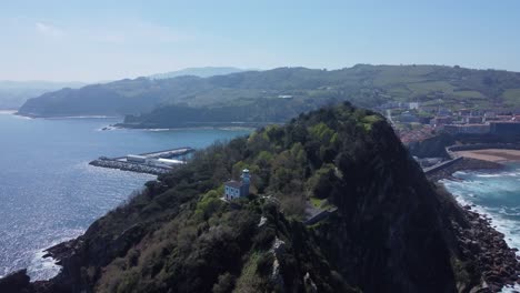 Lighthouse-on-rocky-peninsula-at-Biscay-Bay-Basque-village,-Getaria