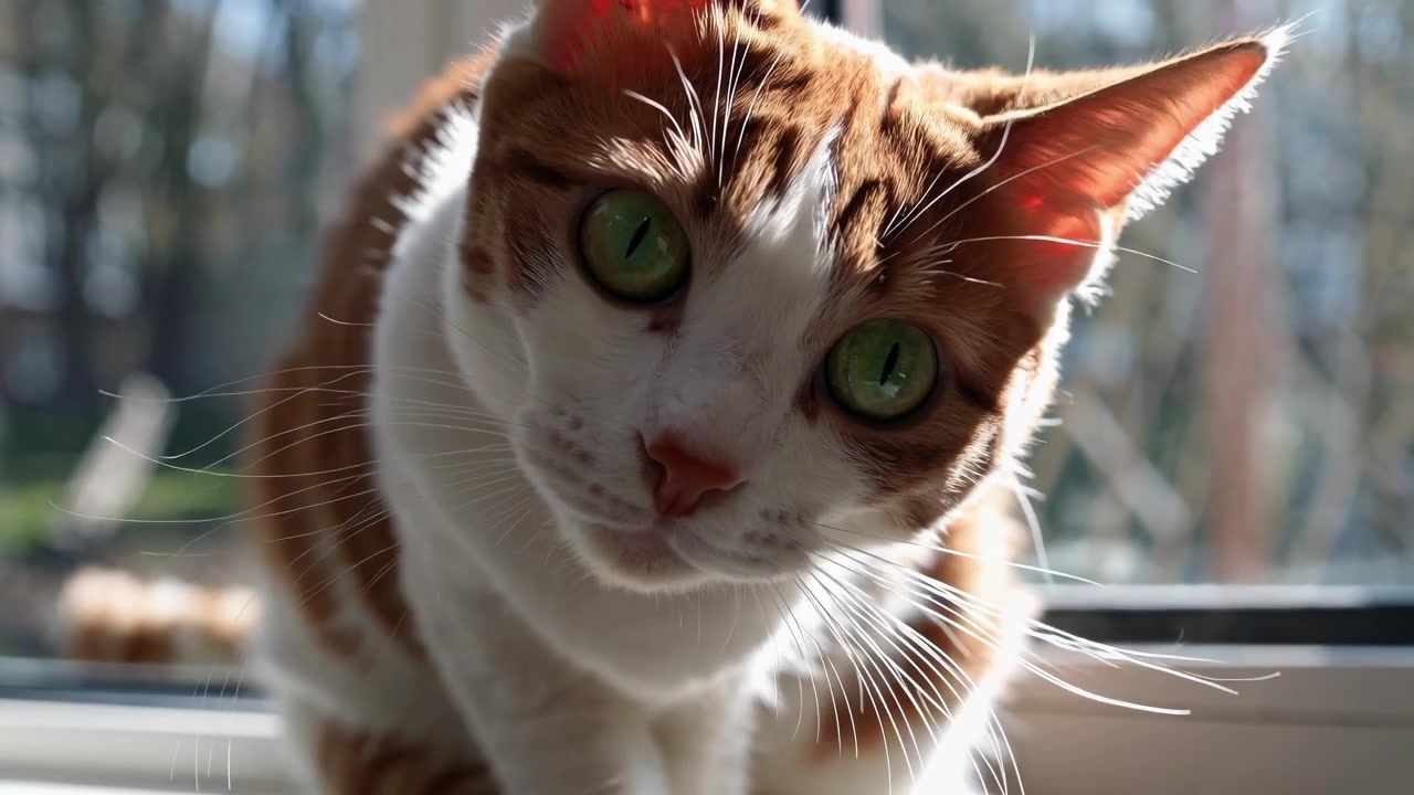 Gato Ruivo e Branco Curioso Olhando ao Redor Perto de uma Janela