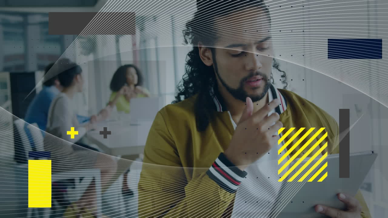 animación de formas sobre diversas personas de negocios que usan tableta.