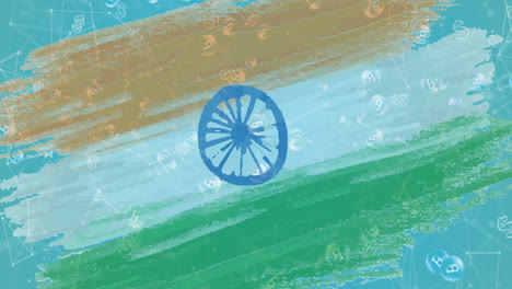 Animation-Von-Bitcoin-Symbolen,-Die-über-Die-Indische-Flagge-Im-Hintergrund-Fließen