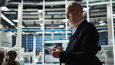 smiling senior engineer in solar panels plant reading documentation