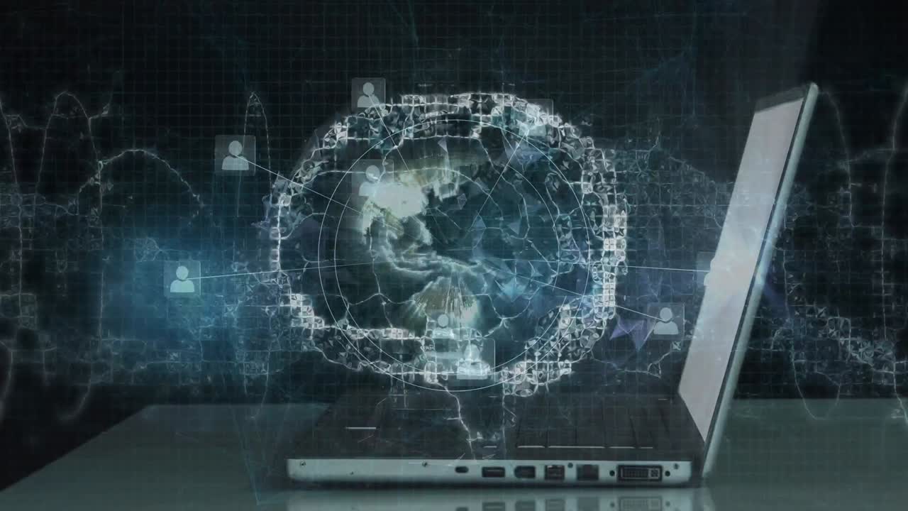 아이콘과 디지털 인간 두뇌를 사용하여 노트북을 사용하는 사람 위의 연결 네트워크의 애니메이션