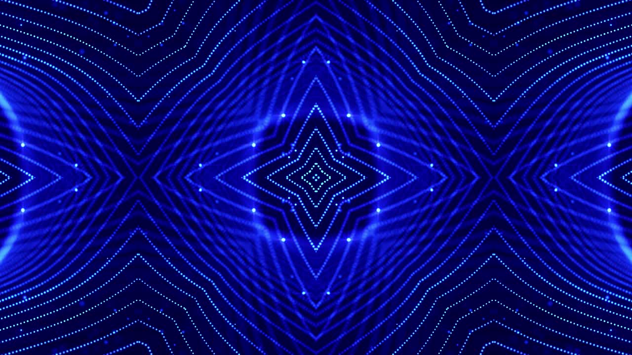 4k looped sci-fi 3d background with light effects. Glow blue particles form lines, surfaces, complex symmetrical structures like in kaleidoscope. Abstract theme of microworld or nanotechnology 18