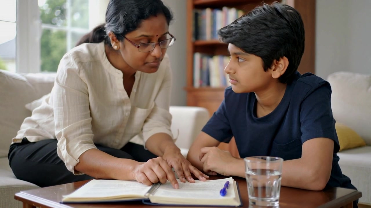 Leaning cream-bloused mother pointing at text, guiding son at living room table with open book