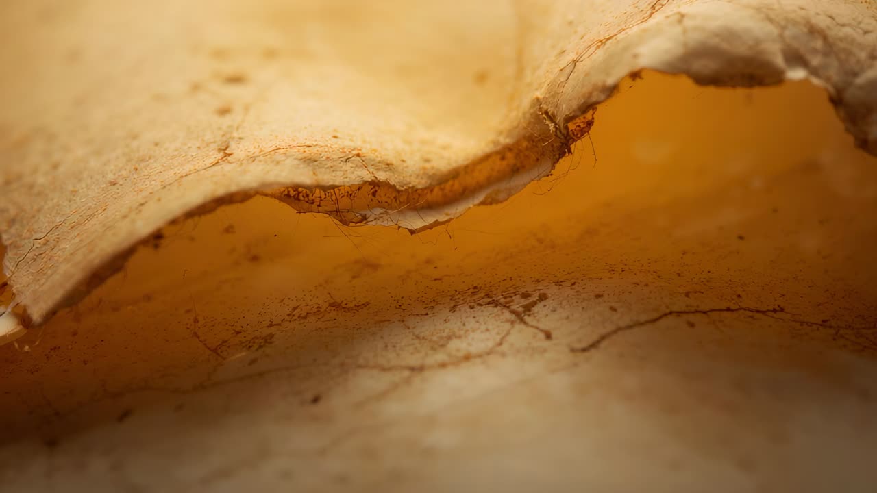 Shifting camera revealing curved layered ceramic fragment in macro close-up, amber cavity glowing