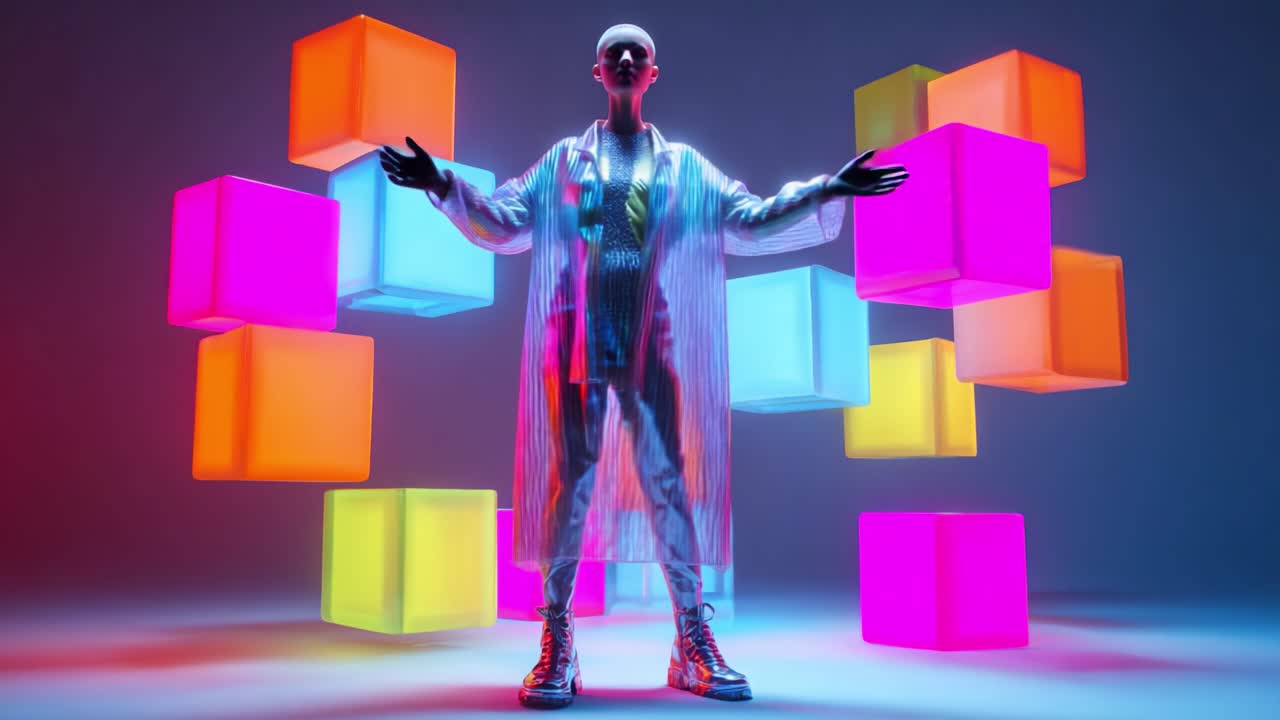 A futuristic figure stands amidst vibrant, glowing cubes, showcasing a blend of art and technology, radiating an aura of creativity and innovation in a visually striking environment