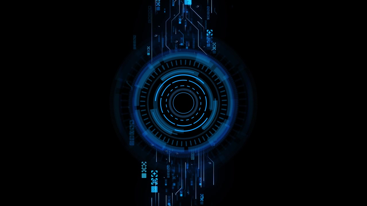 Futuristic circular blue hud interface circuit connections blue tech glowing core circuit lines data