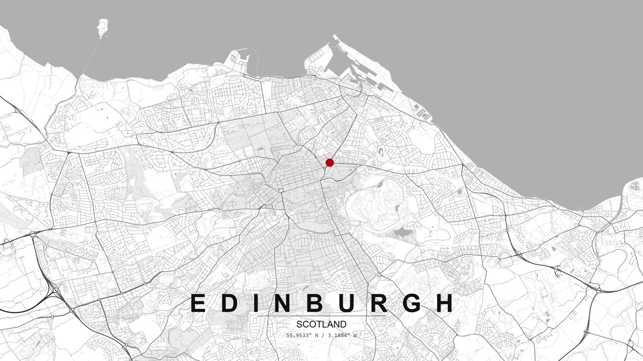 Map of Edinburgh, Scotland, displaying coastal contours, urban street layout and a red location pin marking a central position in the city.