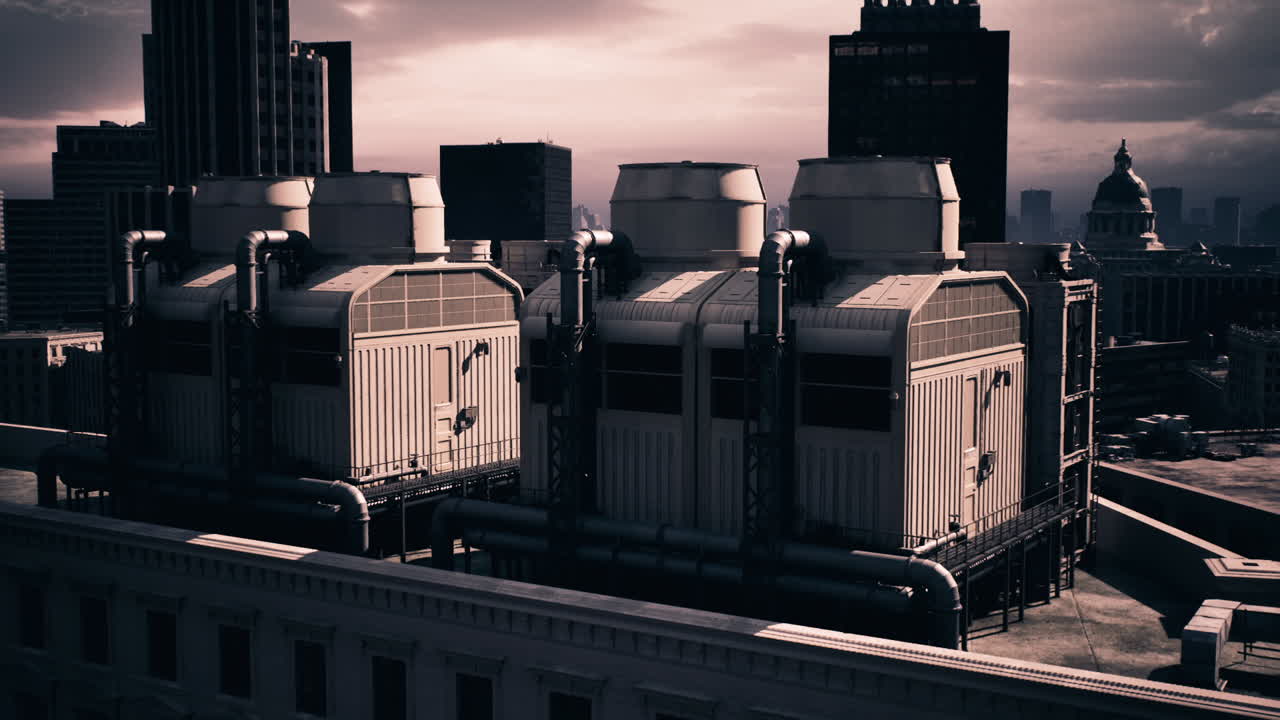 Urban skyline with cooling towers clouds and skyscrapers by day