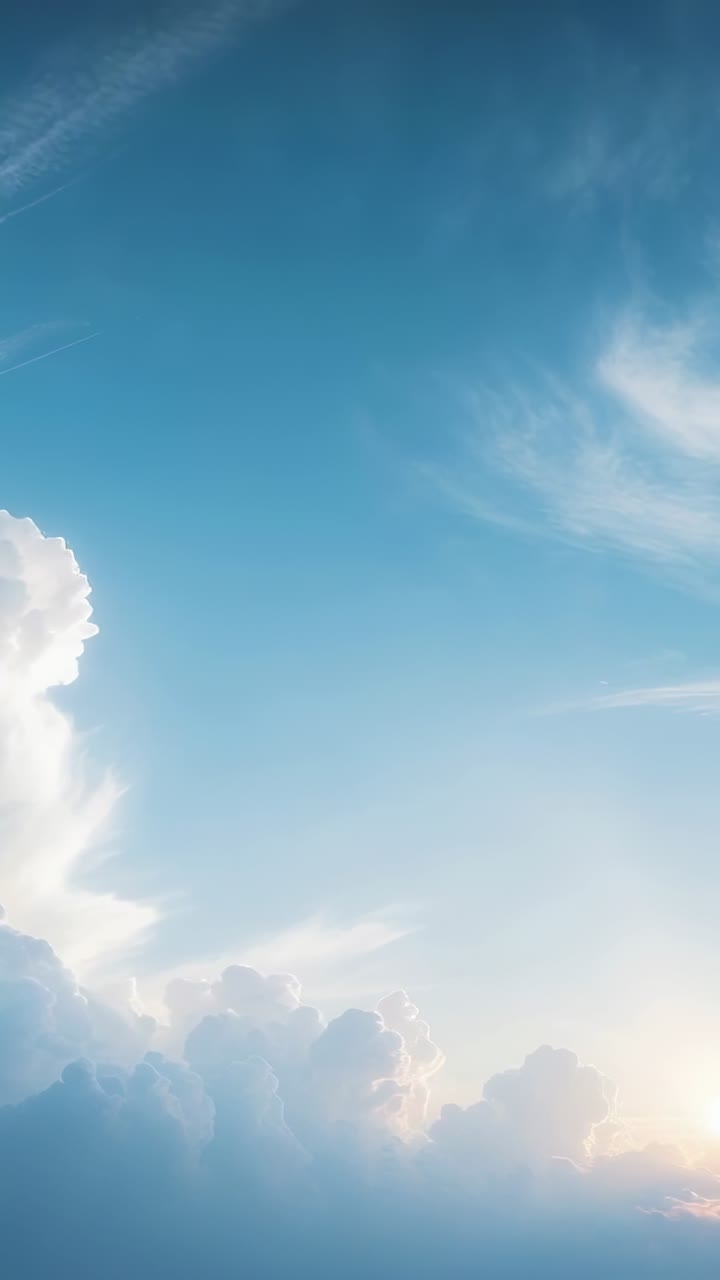 Vertical video: Drifting cumulus bank and cirrus in sky with light increasing, showing sunrise glow