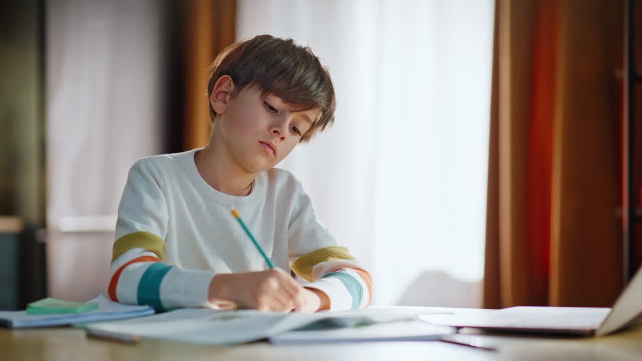 Attentive pupil watching online lesson laptop writing sitting home desk closeup