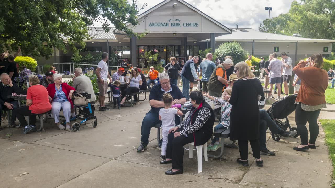Timelapse of people near a pavillion at the Holland Festival in the outer suburbs of Melbourne, Victoria, Australia, March 2020.