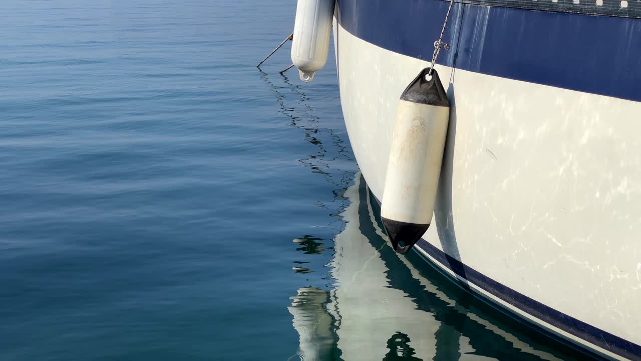 A boat floats on calm water, creating reflections on the smooth surface.