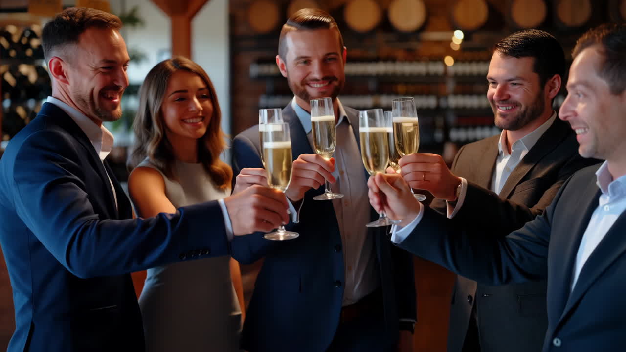 A group of elegantly dressed people toasting with champagne glasses