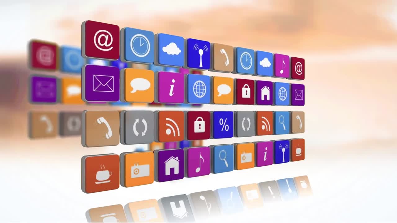 animación de filas de iconos digitales flotando sobre el paisaje