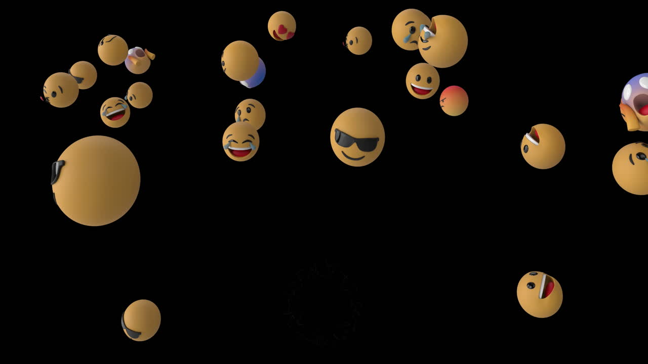 Digital animation of multiple face emojis floating against black background