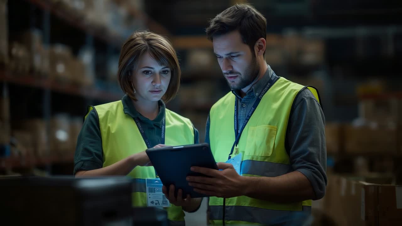 Holding tablet, man steadying rotating woman tapping for stock in warehouse aisle, vests and badges