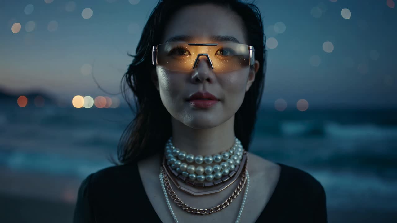Woman wearing sunglasses and pearl necklace on the beach at night