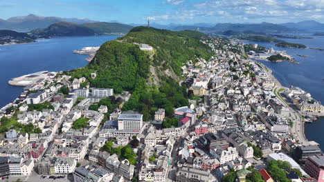 Drone-Shot-of-Alesund,-Norway