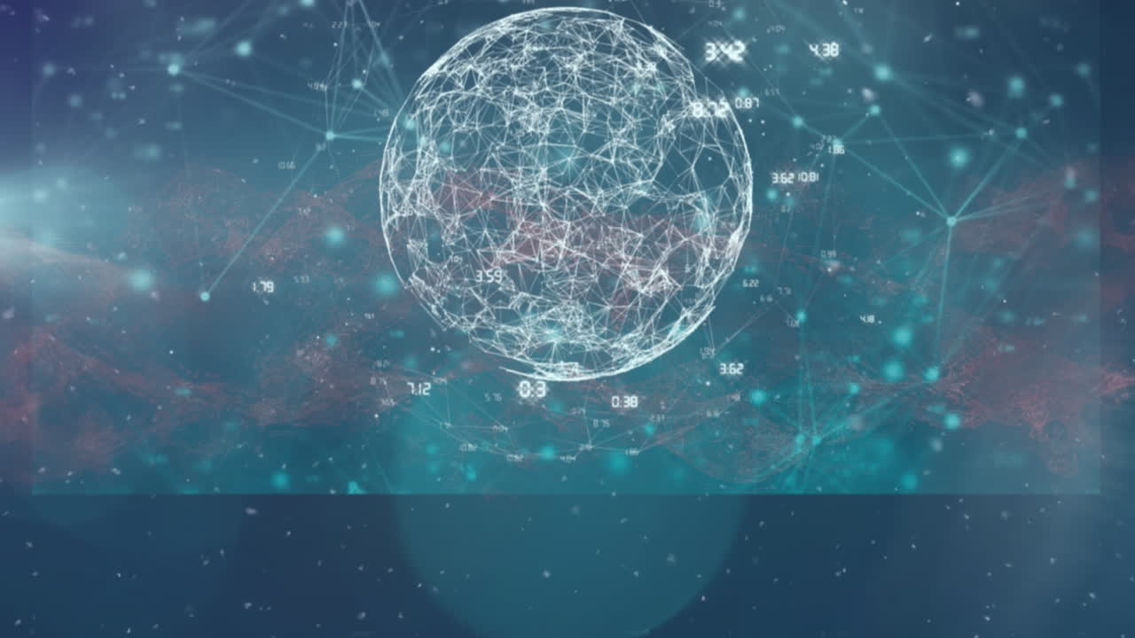 Multiple screens with data processing and red digital waves against blue background