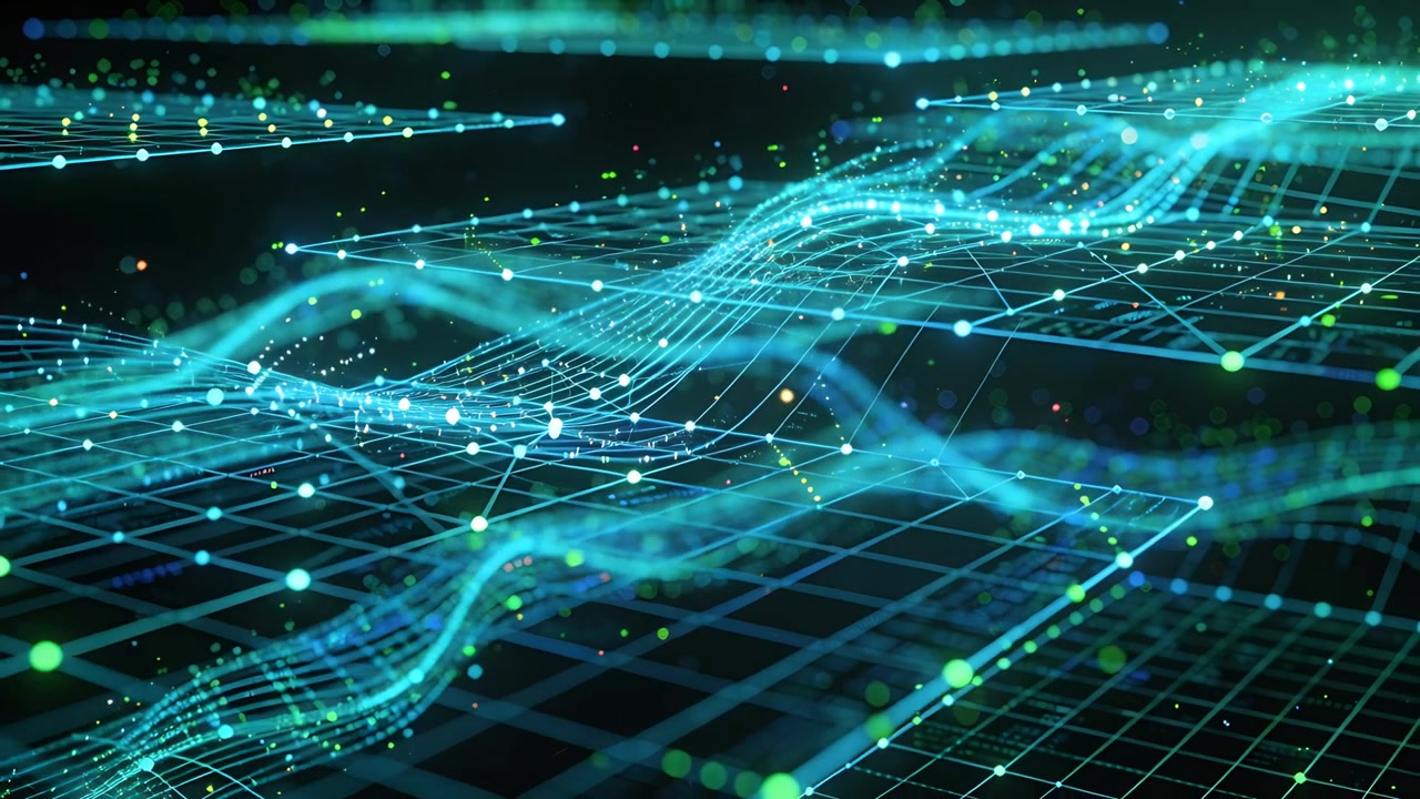Playback starting, translucent neon mesh waves traveling across wireframe grid with pulsing nodes