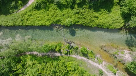 Aerial-shot-trucking-along-the-Cetina-River,-Croatia-on-a-bright-summer-day