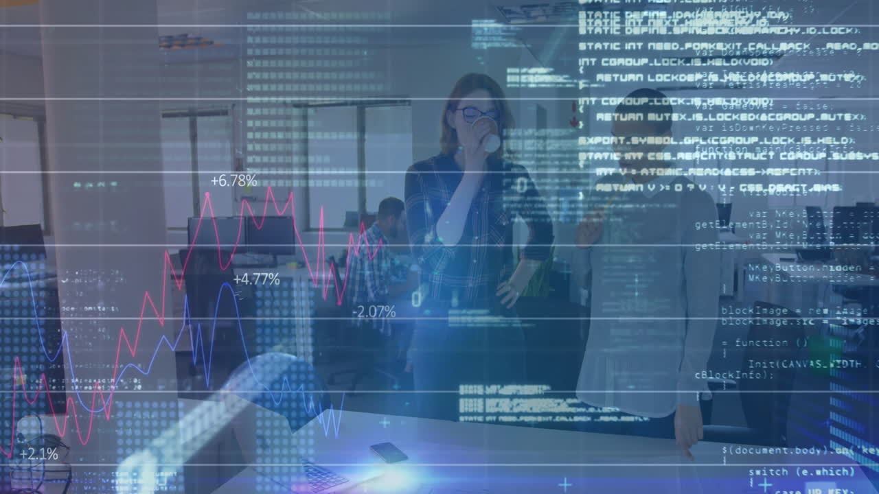 animación de gráficos y procesamiento de datos sobre diversos colegas masculinos hablando en una oficina casual