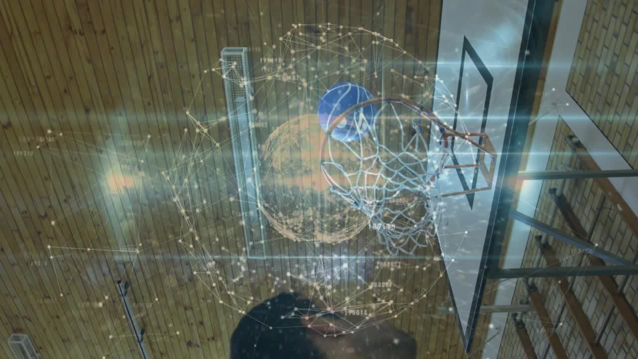 Three players receiving blue ball and driving for score while sports tech globe aligning, pulsing