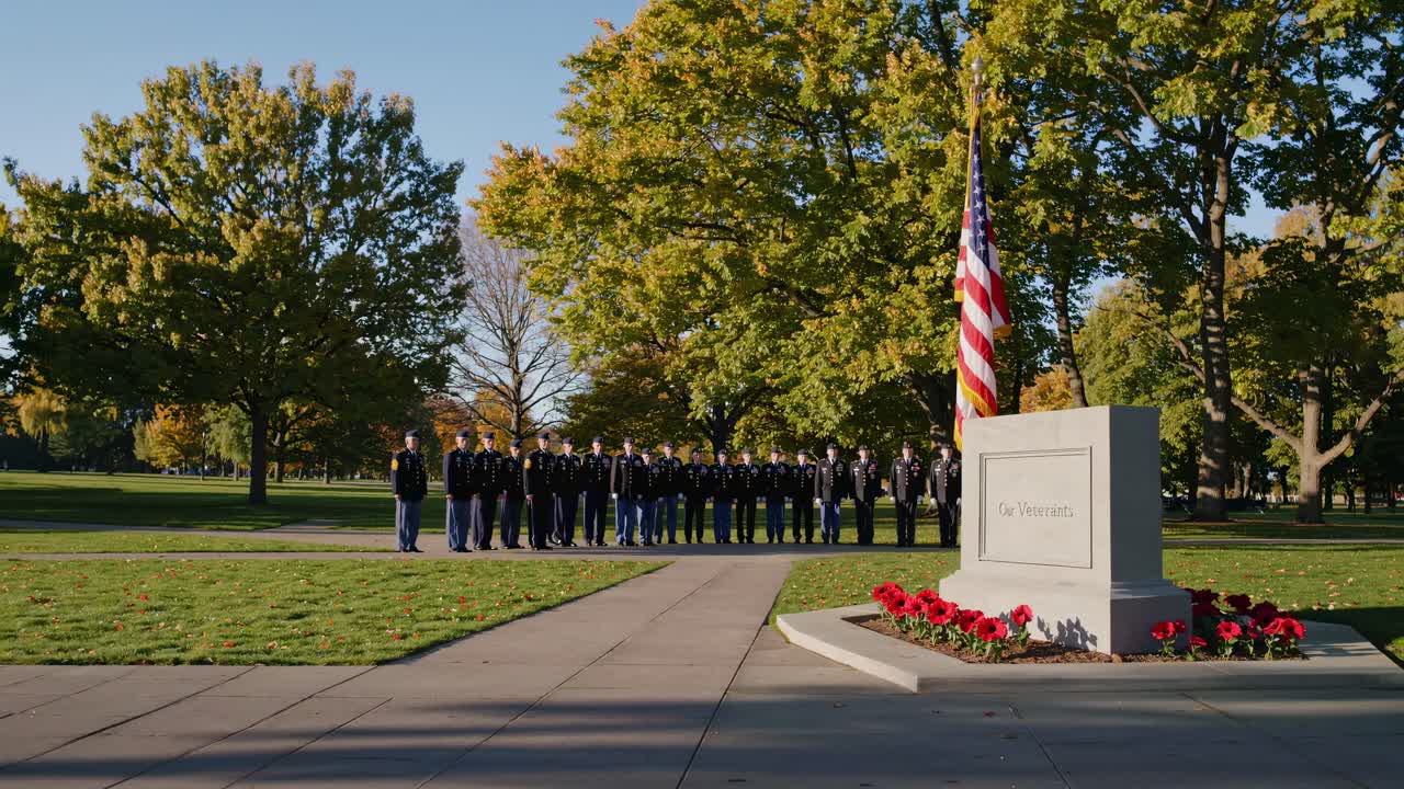Wide-angle video captures a solemn military ceremony at a memorial, with soldiers lined