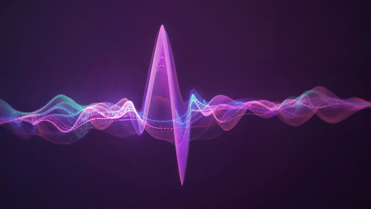 Frame revealing animated waveform ribbon undulating on violet canvas, dotted midline showing audio