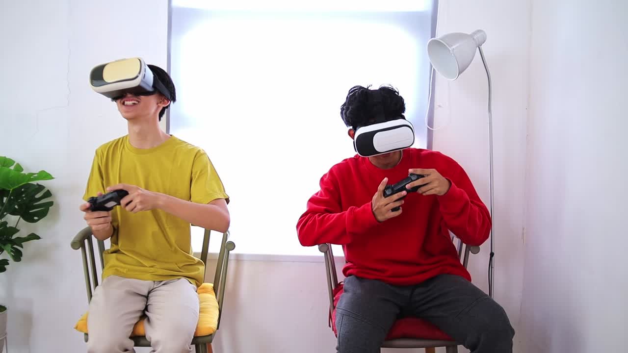 Excited friends immersed in virtual reality gaming fun with wireless controllers and smiling