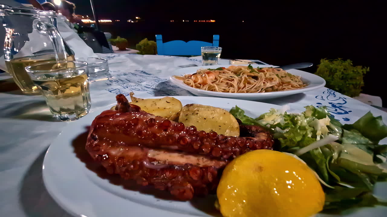 Shot of gourmet of grilled octopus' dish with lemon and spaghetti and revealing restaurant view situated beside river in Agios Nikolaos at Crete Island, Greece. Night view.