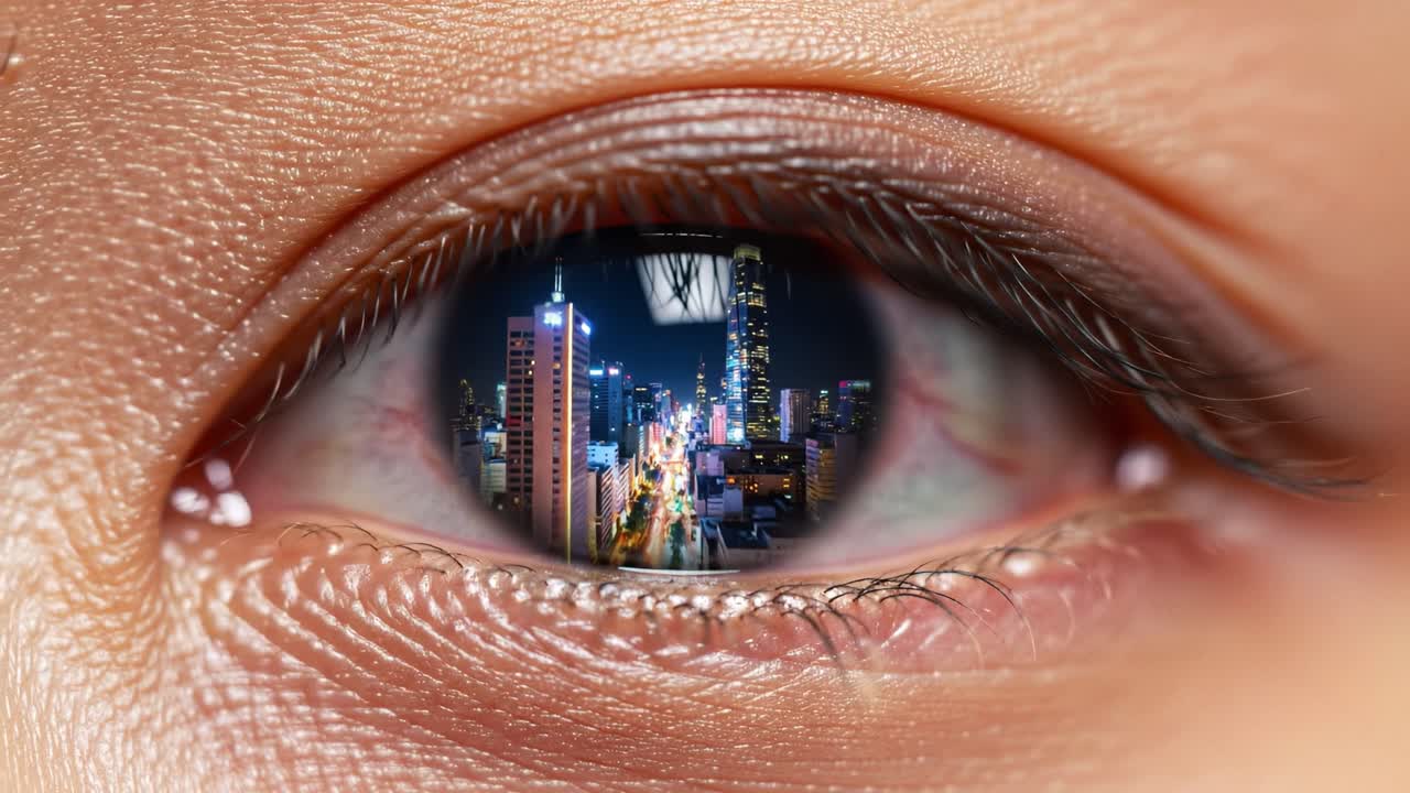 Reflection of a vibrant city skyline captured in a person's eye at night