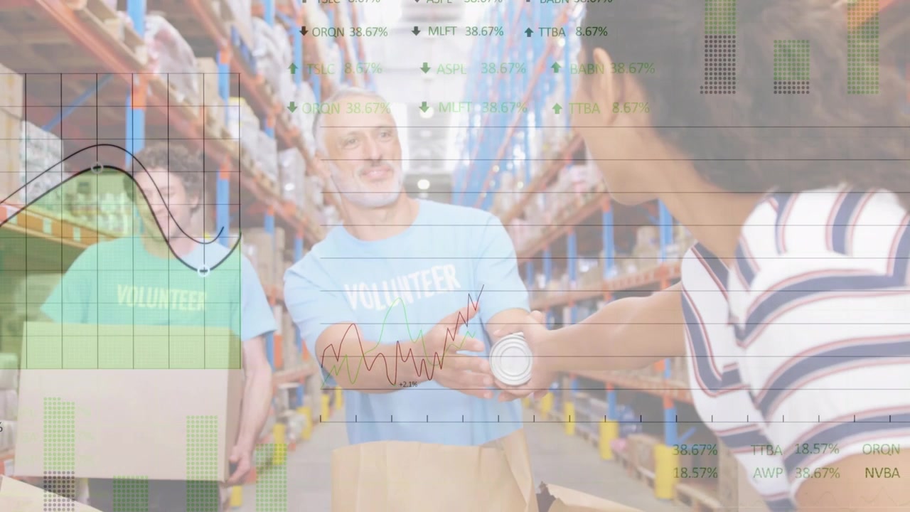 Animation of data processing over indian woman donating food items to caucasian male volunteer
