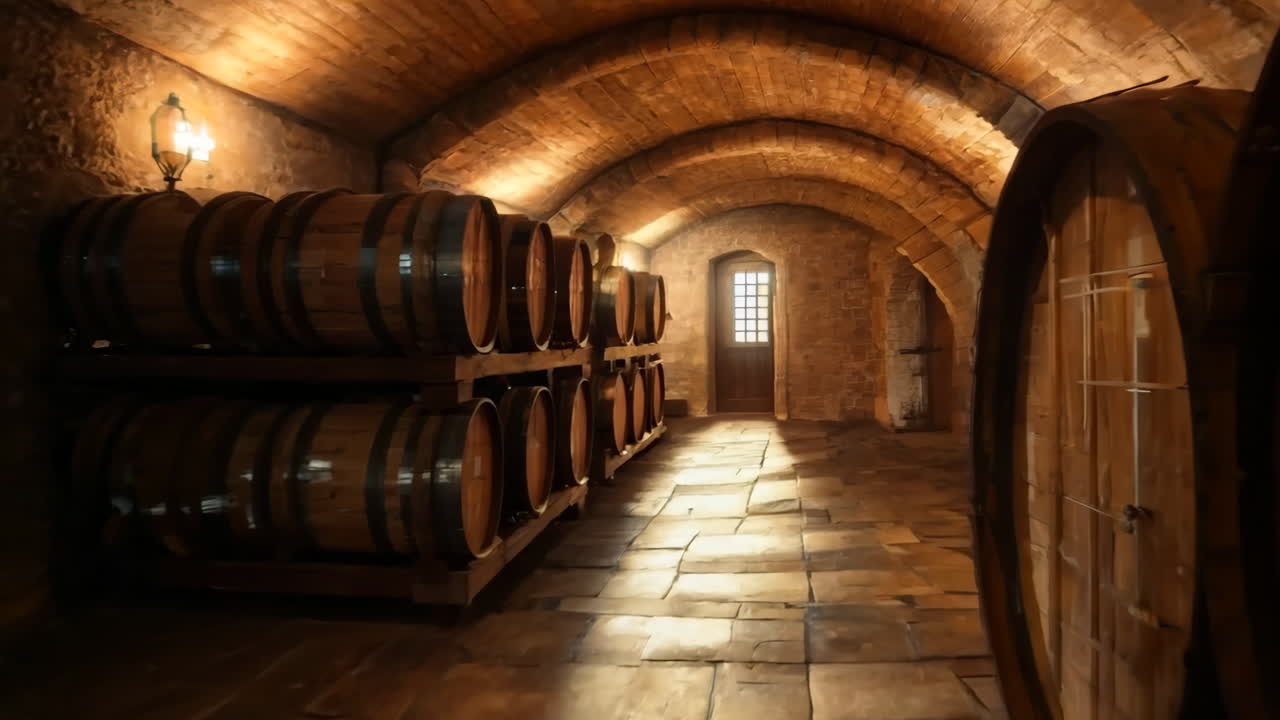 Uma sala longa com muitos barris de vinho. Os barris estão empilhados uns sobre os outros e o ambiente é pouco iluminado.